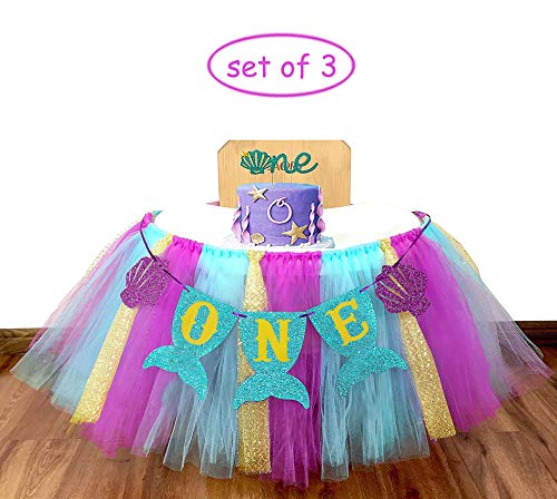 Product Cover E&L 3 in 1 Mermaid Themed High Chair Decorations Set, High Chair Tutu (Purple, Blue & Gold), & Mermaid One Pennant Banner & Mermaid Cake Topper -One- for Baby Girl/Boy First Birthday Decorations