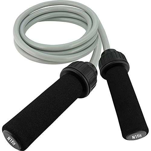 Product Cover Weighted Jump Rope - (1LB) Solid PVC for Crossfit and Boxing - Heavy Jump Rope with Memory Non-Slip Cushioned Foam Grip Handles for Fitness Workouts Endurance and Strength Training