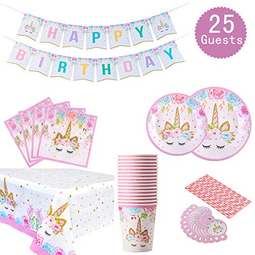 Product Cover Unicorn Themed Party Supplies Set - Serves 25, Unicorn Birthday Plates, Cups, Napkins, Banner, Straws and Tablecloths, Magical Unciorn Party Decorations for Girls Disposable Unicorn Tableware