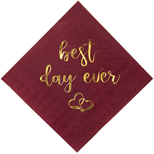Product Cover Crisky Wedding Cocktail Napkins Burgundy Gold Best Day Ever Napkins for Wedding Dessert Beverage Table Decorations Wedding Party Supplies 100 Pcs, 3-ply