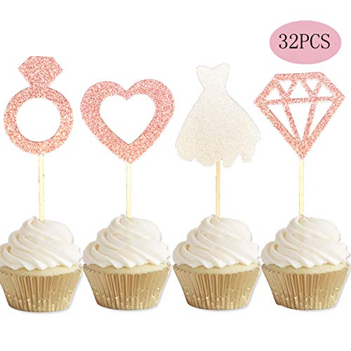 Product Cover ALISSAR 32-Pack Rose Gold Bridal Shower Wedding Cupcake Toppers, Heart Diamond Ring Wedding Dress Cupcake Toppers for Engagement Bridal Shower Wedding Party Cake Food Decoration