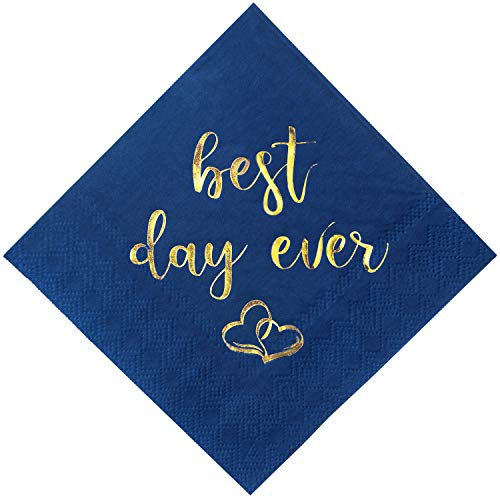 Product Cover Crisky Wedding Cocktail Napkins Navy Blue Gold Best Day Ever Napkins for Wedding Dessert Beverage Table Decorations Wedding Party Supplies 100 Pcs, 3-ply