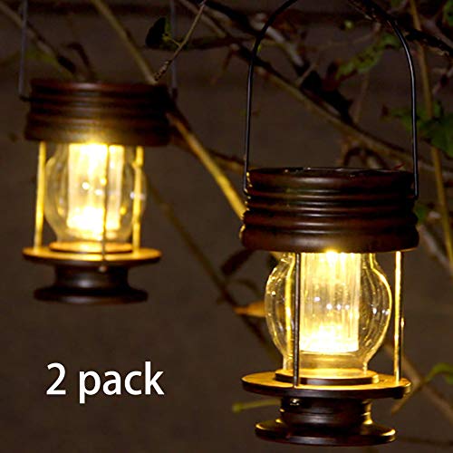 Product Cover Hanging Solar Lights Outdoor Garden Lights LED Retro Solar Hanging Lanterns with Handle for Pathway Yard Patio Tree Decor Table Lamp Lights,2 Pack (Warm Lights)
