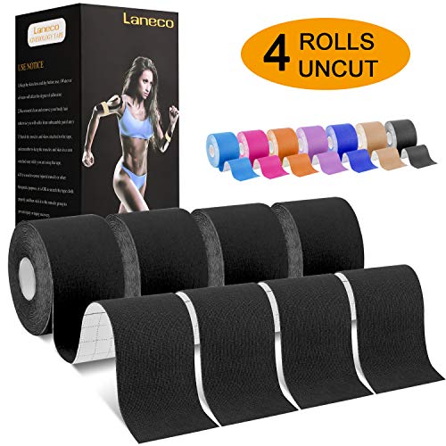 Product Cover Laneco Kinesiology Tape(19.7ft Uncut Per Roll, 4 Pack), Latex Free Physio Tape, Breathable, Water Resistant Sports Tape for Muscles & Joints, Pain Relief and Injury Recovery, Free Taping Guide