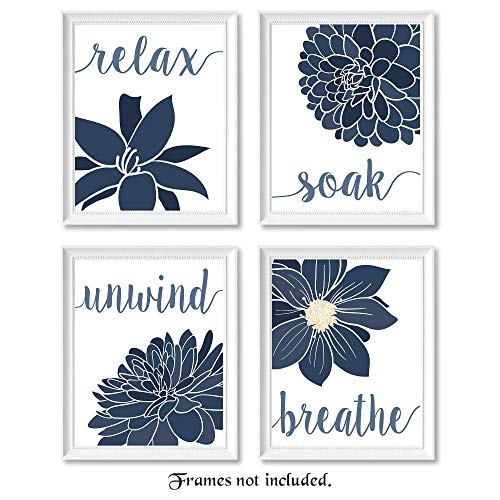 Product Cover Relax, Soak, Unwind, Breathe Blue & White with Gray Tone Bath Flower Signs Poster Prints, Set of 4 (8x10) Unframed Photos, Wall Art Decor Gifts Under 20 for College, Home, Student, Teacher, Floral Fan