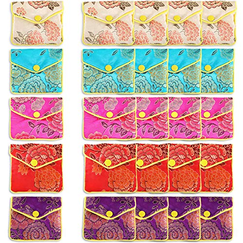 Product Cover 20 Pieces Embroidered Silk Jewelry Pouch Chinese Brocade Coin Purse Zipper Jewelry Pouch Gift Bags for Women Girls, 5 Colors