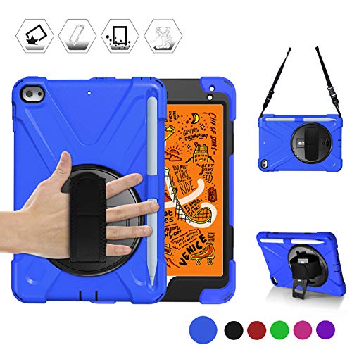 Product Cover BRAECN iPad Mini 5/4 Shockproof Case, [Pencil not Included] Hybrid Armor iPad Case with Hand Strap/Kickstand/Pencil Holder/Carrying Shoulder Strap for iPad Mini 5 2019/iPad Mini 4 2015 for Kids-Blue