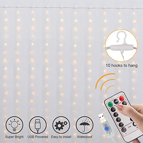 Product Cover Curtain Lights, 8 Modes Fairy Lights String with Remote Controller, IP64 Waterproof, USB Plug in Twinkle Lights for Weddings, Parties, Backdrop, Wall Decorations, 300 Led（9.8x9.8Ft, Warm White）