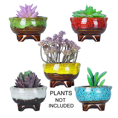 Product Cover 4 Inch Cute Modern Ceramic Succulent Pots Round Cactus Planter Pot Tripod Mini Glaze Tiny Plant Containers Small Flower Pots with Drainage Perfect for Desk or windowsill Pack of 5