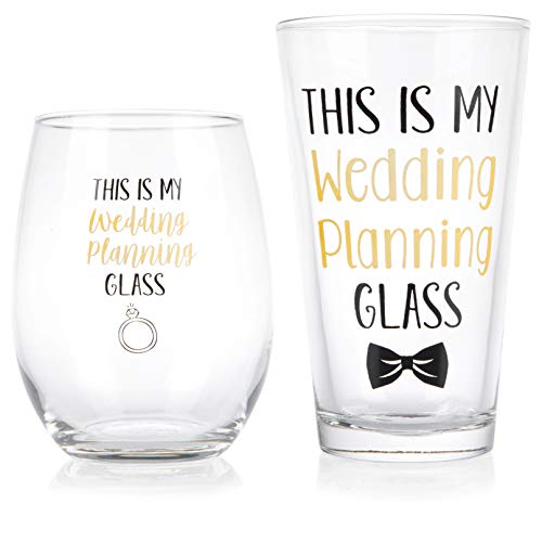 Product Cover This Is My Wedding Planning Glass Set - Engagement Gift Set for the Couple - Mr & Mrs Gift - Bride and Groom To Be - 16 oz. Pint Glass, 21 oz. Wine Glass (Set of 2)