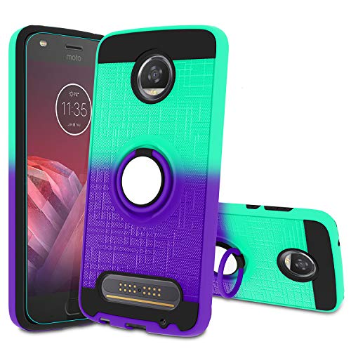 Product Cover Atump Moto Z2 Play Case,Moto Z2 Play Phone Case with HD Screen Protector, 360 Degree Rotating Ring Holder Kickstand Bracket Cover Phone Case for Moto Z2 Play Mint/Purple