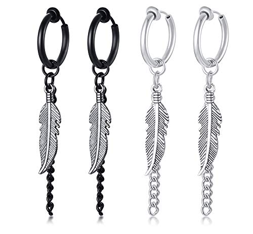 Product Cover VNOX Unisex Vinatge Stainless Clip On Earrings Non Piercing Leather Feather Charm Dangle Hinged Stud Earrings for Men Women Teen