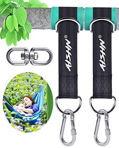 Product Cover AISHN Tree Swing Straps Hanging Kit, Adjustable Hammock Straps(Set of 2), 2200Lbs Break Strength. 5ft Long with Tree Protector Sleeves, Swivel Strong Stainless Hook, Rustproof Screw Lock Carabiners