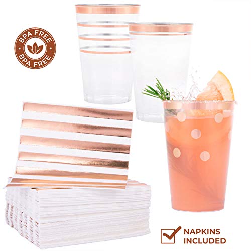 Product Cover 12oz Rose Gold Cups - Three Designs Includes Napkins Set of 75 Cups Elegant Wedding Tumblers Cocktail Drinkware Party Cups Baby Shower and Bridal Shower Cups for Wine and Soda Bachelorette Party