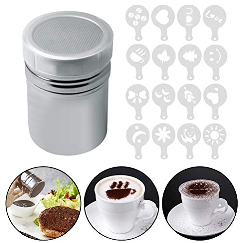 Product Cover Stainless Steel Powder Shaker, Color Scissor Coffee Cocoa Cinnamon Dredges with Fine-Mesh Lid Mesh Shaker Powder Cans with 16 pcs Printing Molds Stencils