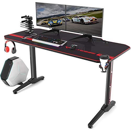 Product Cover Vitesse Gaming Desk Racing Style Computer Desk with Free Mouse pad, T-Shaped Professional Gamer Game Station with USB Gaming Handle Rack, Cup Holder & Headphone Hook (Black)