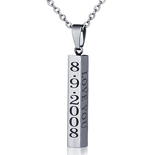 Product Cover diamondidde Personalized Custom Message Names Pendant Necklace Unisex Stainless Steel Vertical Cuboid Bar Necklace