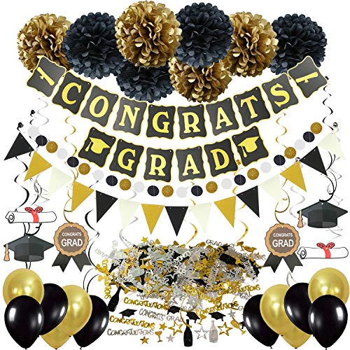 Product Cover ZERODECO Graduation Decorations, Black and Gold Congrats Grad Banner Paper Pompoms Hanging Swirls Graduation Confetti Paper Garland Party Balloons for Grad Party Decoration Supplies