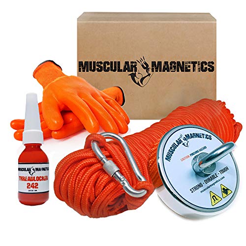 Product Cover 925lb Fishing Magnet Bundle Pack - Includes 6mm 100ft High Strength Nylon Rope with Carabiner, Non-Slip Rubber Gloves & Super Strong 925lb (420kg) Pulling Force Rare-Earth Magnet with Eyebolt