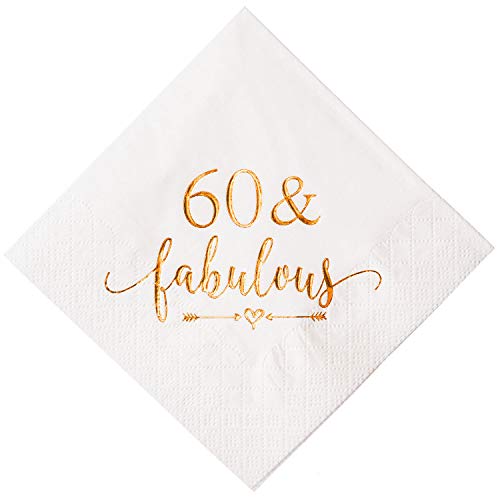 Product Cover Crisky 60 and Fabulous Cocktail Napkins Rose Gold for Women 60th Birthday Decorations, 60th Birthday Bevergae Dessert Table Supplies, 50Pcs, 3-Ply