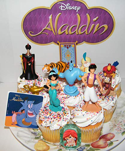 Product Cover Aladdin Movie Deluxe Cake Toppers Cupcake Decorations 12 Set with 10 Figures, Aladdin Sticker and PrincessRing Featuring Fun Characters, Magic Lamp, Flying Carpet Etc!