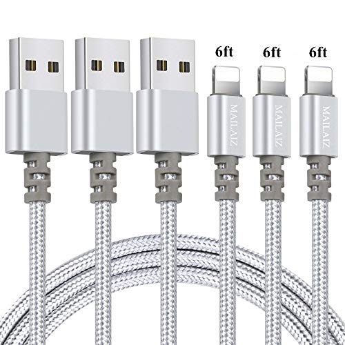 Product Cover Lightning Cable, MAILAIZ iPhone Charger 3pack 6ft Extra Long Nylon Braided Cables Syncing and Fast Charging Cord Compatible with iPhone XS MAX/XR/XS/X/8/7/Plus/6S/6/SE/5S/5C/iPad