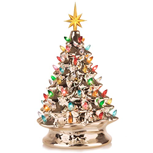 Product Cover RJ Legend Festive Ceramic Christmas Tree - Pre-lit Winter Tree Décor with Multicolor Lights - Mini Decorated Christmas Tree for Home - Vintage Holiday Lights - Champagne Gold Color