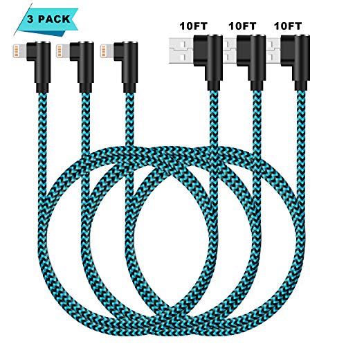 Product Cover iPhone Charger 90 Degree 10ft 3 Pack Lightning Cable Braided Right Angle Charging Cord Compatible with iPhone Xs Max 8 7 Plus 6 iPad (Blue,10 Foot)