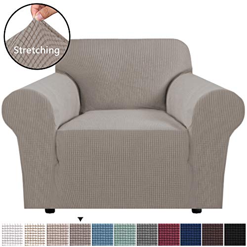 Product Cover H.VERSAILTEX Soft Spandex Chair Cover 1 Piece Furniture Protector Rich Textured Lycra High Spandex Small Checks Knitted Jacquard Sofa Cover Chair Covers for Living Room (Chair-1 Seater, Taupe)