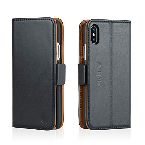 Product Cover archaz iPhone X/iPhone Xs Wallet Leather Case Italian Leather Case for iPhone X/Xs - Flip Cover with Magnetic Clasp Closure - Adjustable Viewing Stand (Black-Brown)