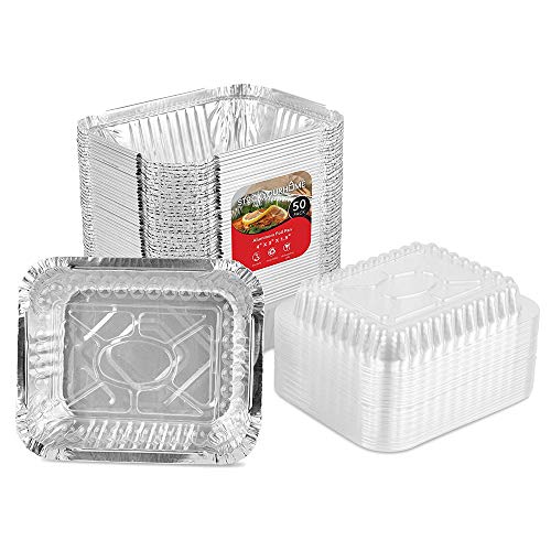 Product Cover 50 Pack Disposable Takeout Containers with Clear Lids - 1 Lb Capacity Aluminum Foil To Go Food Containers - Secure Lid to Lock in Freshness - Eco Friendly Recyclable Aluminum Pans - 4