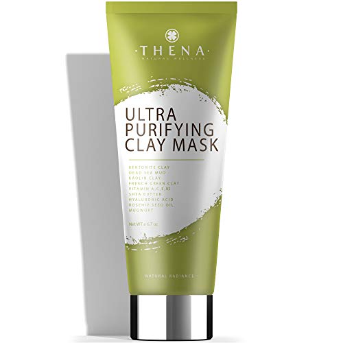 Product Cover Thena Ultra Purifying Clay Mud Facial Mask, Bentonite, Kaolain, French Green Clay, Anti aging Skincare Hyaluronic Acid Retinol Collagen Peptides Vitamin B5 Organic Natural Beauty Acne Pores Face Care