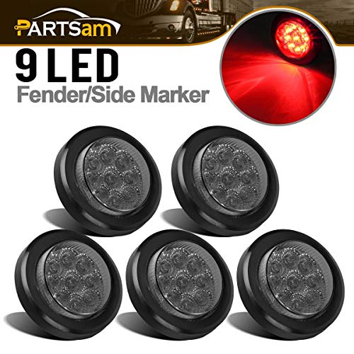 Product Cover Partsam 5Pcs 2 Inch Round Led Marker Lights 9 Red Diodes Smoked w Reflectors Truck Trailer Rv Flush Mount Waterproof 12V 2 Round Red Led Marker Lights Kits with Grommets and Pigtails