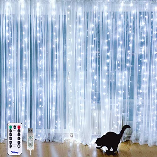 Product Cover Ollny 304 LED Window Curtain String Fairy Lights USB Powered for Bedroom Wedding Party Indoor Outdoor Christmas Decoration with Remote Control 8 Modes Cool White