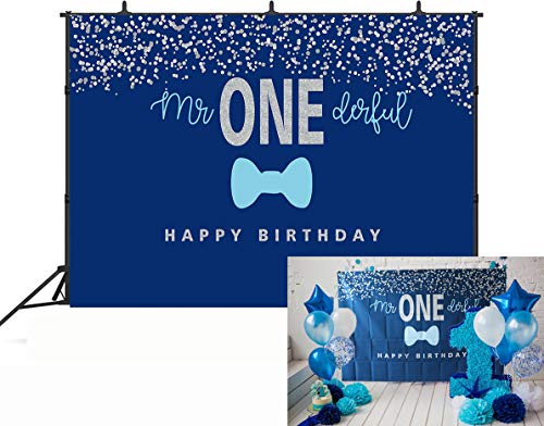 Product Cover GYA 7x5FT Boys 1st Birthday Mr. Onederful Backdrop Blue Bow Tie Theme Blue and Silver Boy Toddler Little Man First Birthday Photoshoot Banner th94-7x5FT