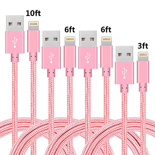 Product Cover IDiSON 4Pack(3ft 6ft 6ft 10ft) iPhone Lightning Cable Apple MFi Certified Braided Nylon Fast Charger Cable Compatible iPhone Max XS XR 8 Plus 7 Plus 6s 5s 5c Air iPad Mini iPod (Pink)