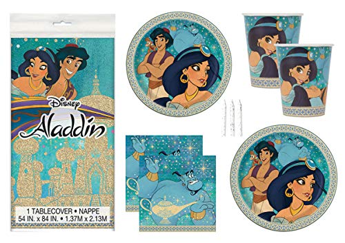 Product Cover Aladdin Theme Birthday Party Supplies Set Serves 16 - Tablecover, Banner Decoration, Plates, Napkins, Cups and Candles - Jasmine and Aladdin