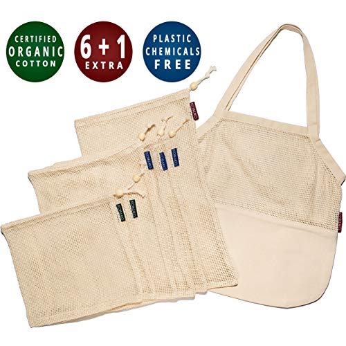 Product Cover ecofreaco Reusable Produce Bags Organic Cotton Set of 7 [Extra Strong] (6 Mesh Produce Bags with Drawstrings + 1 Half Mesh Grocery Tote Bag) Zero Waste & Eco-Friendly Shopping & Storage Solution
