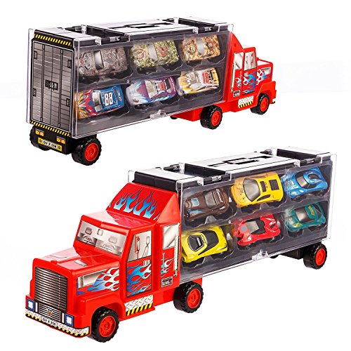 Product Cover Tuko Car Toys Die Cast Carrier Truck Vehicles Toy for 3-12 Years Old Boy Girl Toy Gift(Includes 6 Alloy Cars,3 Animal Cars,3 Number Cars and Traffic Accessories) (Red)