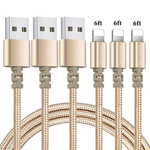 Product Cover MAILAIZ iPhone Charger, 3PACK (6FT) Nylon Braided Lightning Cable Charging Cord USB Cable Compatible with iPhone XS/MAX/XR/X/8/7/6s/6/Plus/5SE/5s/5c/5/ipad (Gold)
