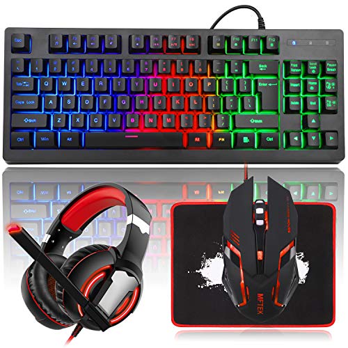 Product Cover MFTEK RGB Rainbow Backlit Gaming Keyboard and Mouse Combo, LED PC Gaming Headset with Microphone, Large Mouse Pad, Small Compact 87 Keys USB Wired Mechanical Feeling Keyboard for Computer Gamer Office
