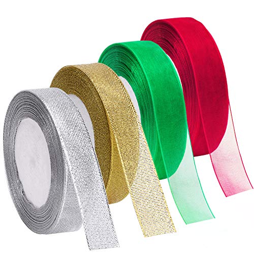 Product Cover Livder 4 Rolls 4/5 Inch in Width Christmas Metallic Glitter Organza Ribbons Golden, Silvery, Red, Green Ribbon for Gift Wrapping, Christmas Tree Room Decoration