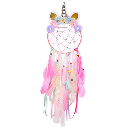 Product Cover Beinou Unicorn Dream Catcher Colorful Feather Dream Catchers Handmade Flowers Dream Catchers DIY Dream Catcher for Girls Kids Nursery Bedroom Wall Hanging Decoration Blessing Gift