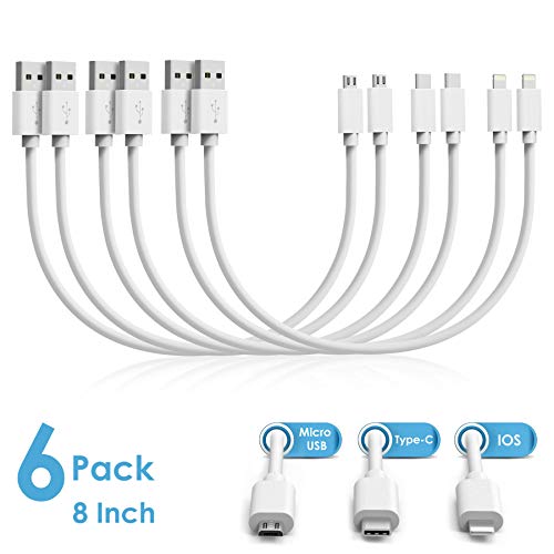 Product Cover Micro USB Cable, iOS Charging Cable,Type C Cable,8 Inch Short Mixed Cables Compatible with Phone XS Max/XS/XR/X/8 Plus/8/7,Samsung S10/S10 Plus/Note 9/S9 Plus/S9/Note 8/S8 Plus/S8 and More-6 Pack