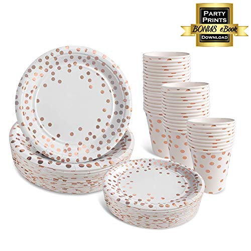 Product Cover Rose Gold Paper Plates and Cups set for 50 - Disposable Paper Plates and Cups 150 pcs total. Bonus Party Printables Ebook included. (Rose Gold)