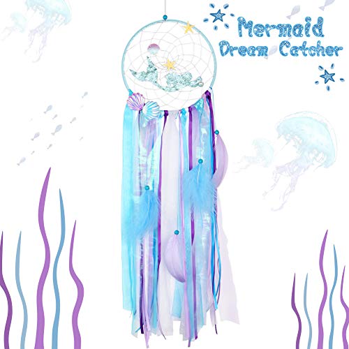 Product Cover AerWo Mermaid Dream Catchers for Kids, Handmade Blue Mermaid Dream Catcher for Girls Bedroom Wall Hanging Decorations Under The Sea Mermaid Birthday Party Supplies