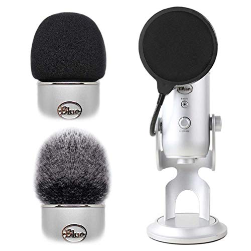 Product Cover 2pcs Professional Microphone Furry Windscreen Foam Wind Cover Muff + Pop Filter Shield Dual Layered Noise Reduction Compatible with Mic Blue Yeti & Blue Yeti Pro
