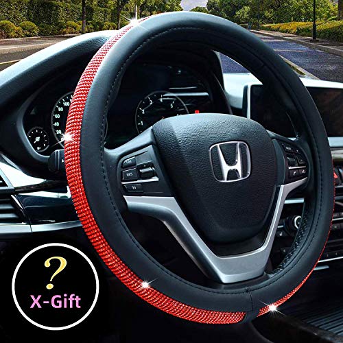 Product Cover Valleycomfy Diamond Crystal Steering Wheel Cover for Women Girls- Bling Bling Rhinestones Steering Wheel Cover with Universal Fit 15 Inch(Red Diamond)