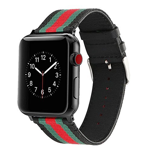 Product Cover HUANLONG New Nylon Band Compatible with Apple Watch 38/40/42/44mm, Nylon with Leather Buckle Smart Strap Compatible for iwatch Series 1/2/3/4/5 (Black/Green/Red, 42mm/44mm)