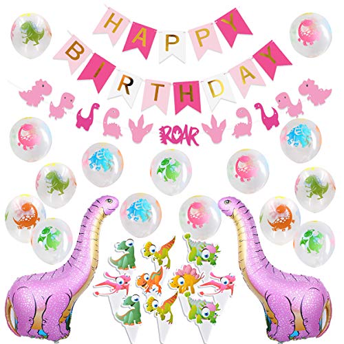 Product Cover Kreatwow Dinosaur Party Decorations for Pink Dinosaur Balloons Garland Happy Birthday Banner for Baby 1st Birthday Baby Shower Decorations
